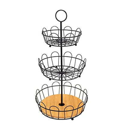 HANZE 3-Tier Farmhouse Fruit Basket Stand, Wire Fruit Vegetables Countertop Storage Rack, Multifunctional Detachable Bread Snack Holder Bowl for Kitchen and Bathroom Organization - Black - color: 3-Tier(Black)