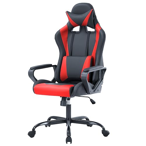 PayLessHere Ergonomic Racing Desk Chair Gaming Chair Computer Chair with Armrests 360° Swivel & Caster Pu Desk Task Chair Executive Headrest Lumbar Support for Back Pain Women Men and Adults (Red) - color: Red