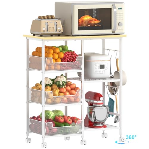 Rolling Kitchen Microwave Organizer Cart, Adjustable Shelves, White | Kitchen Island Storage Cart & Microwave Stand with Tilt-Out Baskets & Lockable Wheels, 27.75"L×15.35"W×32.9"H - color: White