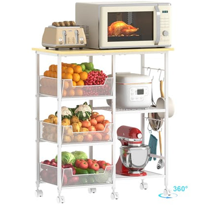 Rolling Kitchen Microwave Organizer Cart, Adjustable Shelves, White | Kitchen Island Storage Cart & Microwave Stand with Tilt-Out Baskets & Lockable Wheels, 27.75"L×15.35"W×32.9"H - color: White