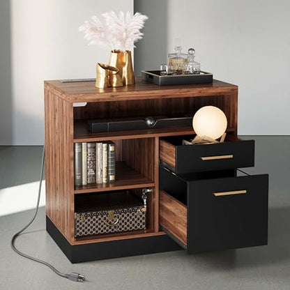 2 Drawer Lateral File Cabinet with Lock for Home Office | Filing Cabinet for A4 / Letter Documents, 31.5"W * 19.5"D * 29.5"H, Credenza w/ Built-in Power Outlet, Printer Stand - color: Black Walnut