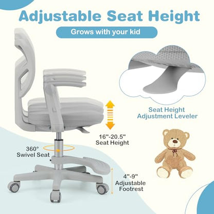 HONEY JOY Kids Desk Chair, Children Study Chair with Adjustable Height/Armrest/Footrest, Swivel Rolling Mesh Task Student Chair, Kids Computer Chair for Teens Girls Boys, Home, School, Office (Grey) - color: Grey