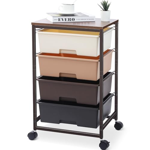 SYKIARIOL Utility Cart with 4 Drawers, Brown | Rolling Storage Cart with Drawers, Storage Rolling Drawer Cart - color: Dark Brown