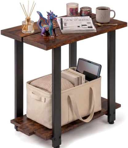 Transitional Narrow End Table, Rustic Brown | 2-Tier, Storage Shelves, Modern Farmhouse Industrial Nightstand, For Living Room, Bedroom, Small Spaces, Couch - color: Rustic Brown