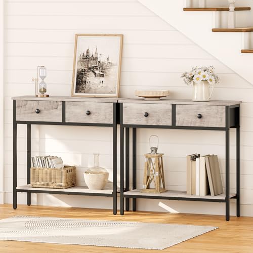 HOOBRO 29.5" Narrow Console Table with 2 Fabric Drawers, Small Entryway Table with 2-Tier Storage Shelves, Sofa Table, Behind Couch Table, for Living Room, Hallway, Greige and Black BG71XG01 - color: Greige and Black