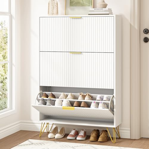 Slim Shoe Cabinet with 3 Flip Drawers, Fluted Shoe Cabinet Storage for Entryway, Narrow Shoe Storage Cabinet, Modern Freestanding Shoe Rack Organizer for Entryway, White - color: White, size: 3 Drawers