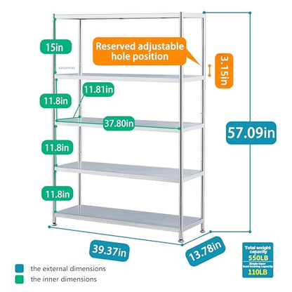 susunnus Stainless Steel Shelves 39.4in-5 Tier, Stainless Steel Shelf Organizer, Kitchen Storage Shelves, Artistic Texture, Pragmatic & Sturdy & Waterproof - size: 39.4in*13.8in-5T