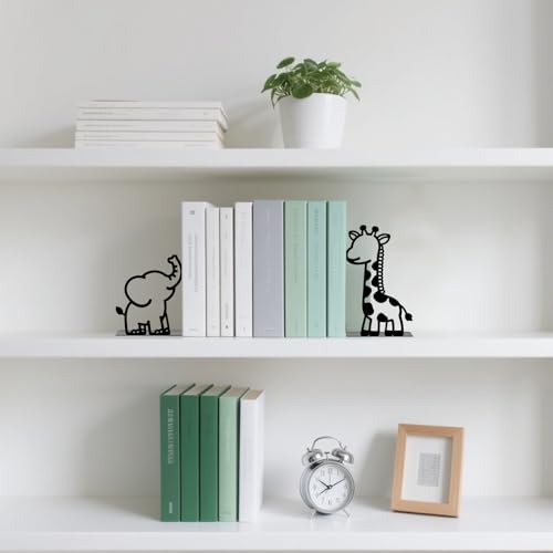Metal Bookends Giraffe Elephant Bookends Decorative Cute Animals Book Ends for Shelves Bookshelf Reading Decor Space-Saving Desk Organizer for Bedroom Home Nursery - style: Giraffe Elephant
