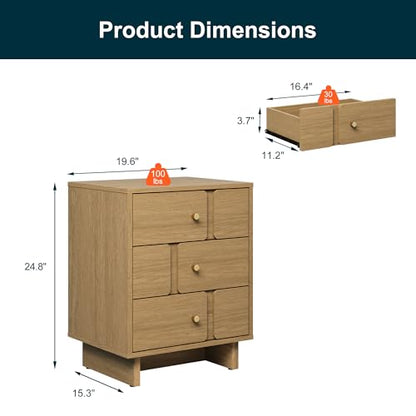 RoyalCraft 3 Drawer Nightstand, 19.69W x 15.35D x 24.80H Inch Wood Bedside Table with 110LBS Load Capacity, End Table Storage Cabinet for Bedroom, Study, Natural Oak Nightstand