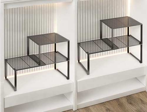 Extendable Metal Wire Shelf Organizer - Adjustable 15-24.4in Length, Stackable Storage Rack for Kitchen/Pantry/Bathroom/Shoe Cabinet/Tool Closet (4,Black) - color: Black, size: 4 Pack