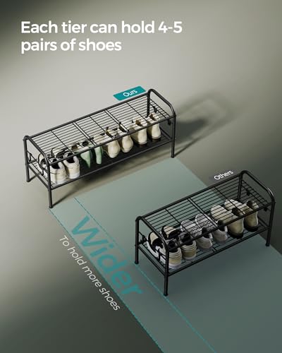 SONGMICS Shoe Rack, 2-Tier Shoe Organizer, Metal Shoe Shelf Storage with 4 Side Hooks, Holds 12 Pairs of Shoes, Height-Adjustable Shoe Rack for Entryway, Hallway, Closet, Ink Black ULMR128B01 - size: 2 Tiers (33.5"W)