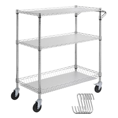 VEVOR Kitchen Utility Cart, 3 Tiers, Wire Rolling Table with 661 LBS Capacity, Steel Service Desk on Wheels, Metal Storage Trolley with 80 mm Deep Basket Curved Handle PP Liner 6 Hooks - size: 18"D x 35"W x 40.9"H