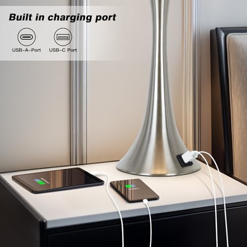 Rinweey 27.5" Silver Table Lamps Set of 2, Touch Bedside Lamps with USB C+A Ports, 3 Way Dimmable Nightstand Lamps for Bedroom, Living Room, Office, Silver Lamp with Beige Lampshade, Bulbs Included - color: Silver (2 Pack)
