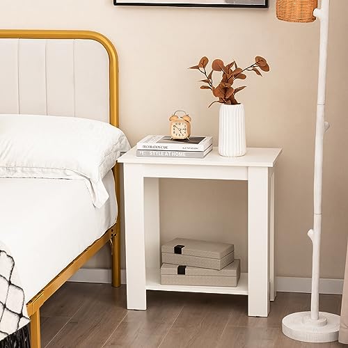 Giantex Narrow End Table Set of 2, 2-Tier Side Table with Open Storage Shelf, Retro Wood Sofa Table Bedside Tables for Small Spaces, Slim Nightstand for Living Room, Bedroom, Easy Assembly, White - color: White