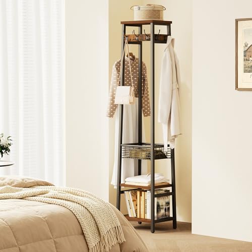 Coat Rack Freestanding, Coat Stand with Metal Basket and Storage Shelves, Hall Tree Free Standing with and 7 Hooks, Clothes Rack Stand Organizer, Rustic Brown and Black - color: Rustic Brown and Black, style: 2 Shelves + 1 Basket