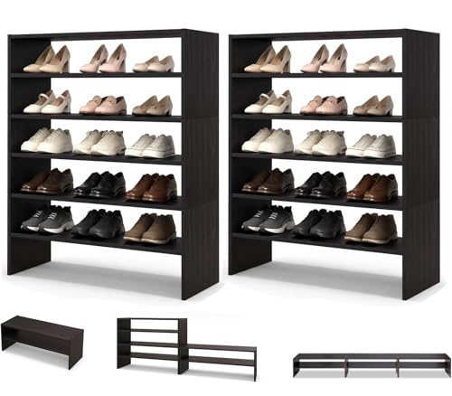 POWERSTONE 6-Tier Stackable Shoe Rack, 3-in-1 Shoe Shelves, (2, Coffee) | Free Standing Adjustable Shoe Storage Organizer for 18 Pairs, 31'' Wide Wood Shoe Shelf for Closet, Entryway, Living Room - color: Coffee, size: 2 Pack
