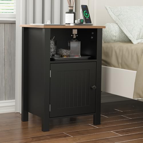 Furnify Farmhouse Nightstand Set of 2, Night Stand with Charging Station and USB Port, Modern Nightstand with Storage Shelf, Rustic Side Table with Open Space, Side Table for Bedroom, Black - color: Black
