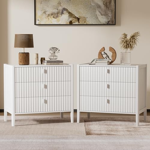 Furniway Nightstand Set of 2, Modern End Table with Solid Wood Legs, Bedside Table with 3 Drawers and Metal Handles for Bedroom, White - color: White, size: 17.7"D x 31.5"W x 29.5"H (2 Piece)