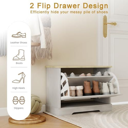 Antique Shoe Storage Bench Small Shoe Cabinet for Entryway, Hallway, Bedroom, with Flip Drawer & Adjustable Shelf, with Ventilation, MDF Wood, White, 23.6" L x 11.8" W x 17.7" H