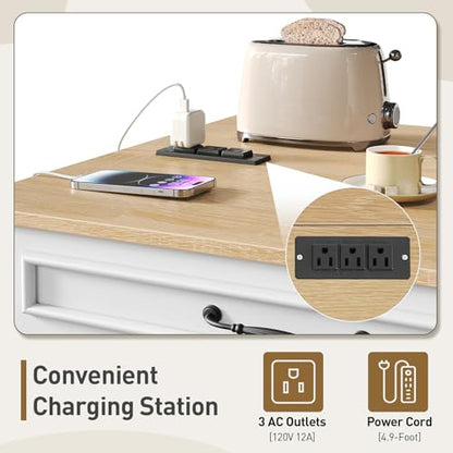 RALGEND Kitchen Island with Power Outlets & Drop Leaf, Rolling Kitchen Cart on Wheels, Kitchen Storage Island with Spice Rack and Drawer, Mobile Island Table for Kitchen, Dinning, White and Natural - color: White + Natural