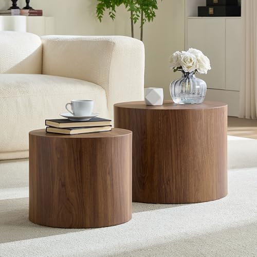 Round Coffee Table Set of 2, Nesting Coffee Table and End Table Set Wood Small Circle Drum Side Table for Living Room Office, No Assembly,Walnut - color: Walnut