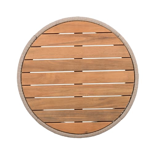 26" Outdoor Rustic Coffee Table,Rattan Rope & Acacia Wood Center Table with Round Top & Iron Frame, Easy Assembly, Versatile Weather-Resistant Patio Furniture for Garden, Yard, Balcony, Beige Teak - size: 26"