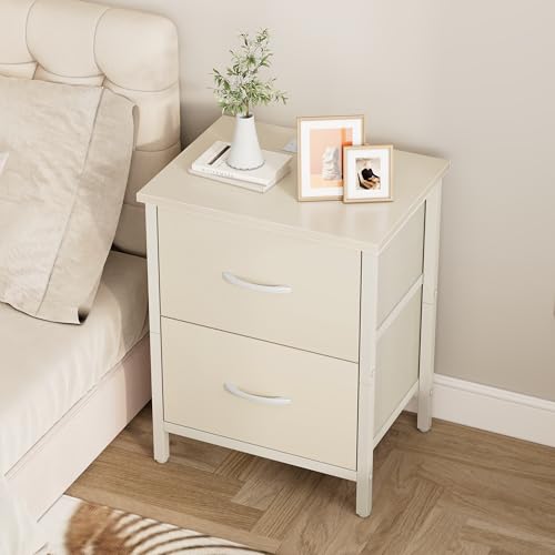 Vagusicc Nightstand Set of 2 with Charging Station, End Table Bedside Table with Power Outlet & USB Ports, Side Table with 2 Fabric Drawers for Bedroom, Living Room, Beige - color: Beige (2 Pack)
