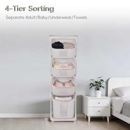 GCCSJ 4-Tier Rolling Laundry Hamper Sorter with Wheels, 95L Capacity & Removable Mesh Baskets, Foldable Storage Organizer Cart for Bedroom, Bathroom, Laundry Room (17.32"x13.1"x54.72")