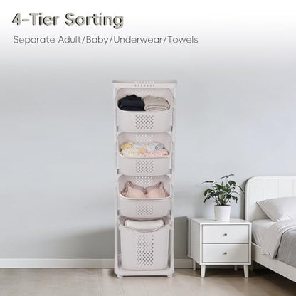 GCCSJ 4-Tier Rolling Laundry Hamper Sorter with Wheels, 95L Capacity & Removable Mesh Baskets, Foldable Storage Organizer Cart for Bedroom, Bathroom, Laundry Room (17.32"x13.1"x54.72")