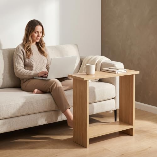 Narrow Side Table for Living Room, Slim End Table for Small Spaces Between Couch, Recliner or Armchair, 2 Tier Skinny Table with Open Shelf, Engineered Wood Sofa Beverage Thin Stand (Natural) - color: Natural