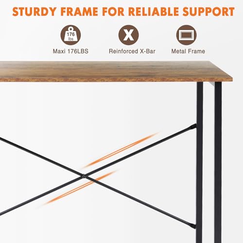 Sweetcrispy Small Computer Desk, 55" Office Writing Desk with Metal Frame & Wooden Tabletop, X-Shaped Reinforcement, Student Study Home Bedroom Table, Brown - color: Rustic Brown, size: 55-Inch