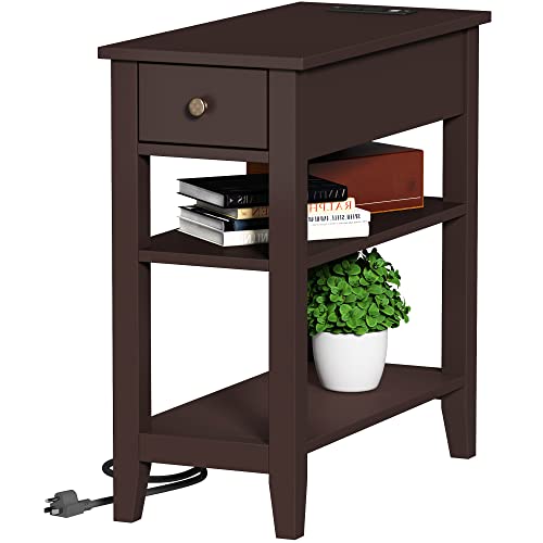 ChooChoo Narrow End Table with Charging Station, Side Table Living Room with USB Ports & Power Outlets and Hidden Drawer, 3-Tier Skinny Nightstand with 2 Open Storage Shelves For Small Place(Espresso) - color: Espresso