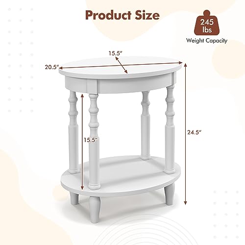 Giantex Oval End Tables Set of 2, 2-Tier Side Tables with Storage Shelf & Solid Wood Legs, Modern Living Room Accent Table, Wood Nightstand for Bedroom, Small Space, 20.5"L x 15.5"D x 24.5"H, White - color: White