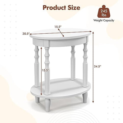 Giantex Oval End Tables Set of 2, 2-Tier Side Tables with Storage Shelf & Solid Wood Legs, Modern Living Room Accent Table, Wood Nightstand for Bedroom, Small Space, 20.5"L x 15.5"D x 24.5"H, White - color: White