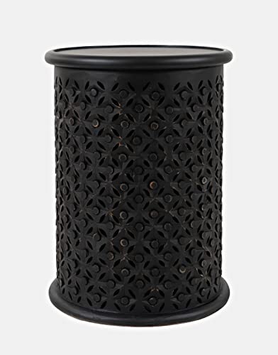Jofran Mango Wood Drum End Table with Distressed Finish, Rustic Global Style Side Table for Living Room Bedroom, Accent Table, Antique Black - color: Antique Black