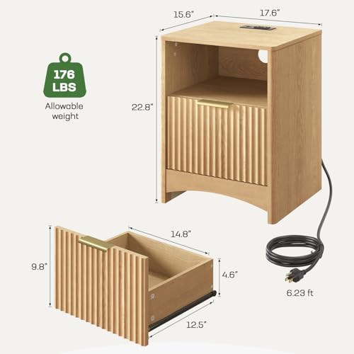 Marsail Fluted Nightstand Set of 2, Wooden Nightstands with Drawers, Modern Bedside Table with Charging Station and Storage, End Table with Storage Side Table for Bedroom, Oak - color: Oak