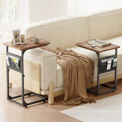 Fixwal C Shaped End Table Adjustable Height Side Table for Couch, TV Tray with Storage Bag Slide Under Sofa Small Tables for Living Room, Bedroom & Office, Rustic Brown - color: Rustic Brown, style: Long Board