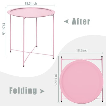 Garden 4 you End Table 2 PCS Metal Side Table Pink Round Folding Tray Cyan Sofa Small Accent Fold-able Table, Round End Table Tray, Next to Sofa Table, Snack Table for Living Room and Bed Room - color: Pink