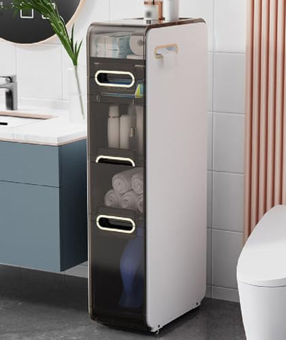 Plastic Narrow Storage Cabinet, Vertical Bathroom Storage Unit 4-Tier Slim Organizer Tower with Toilet Paper Holder Side Unit for Towels Shampoo Cosmetics