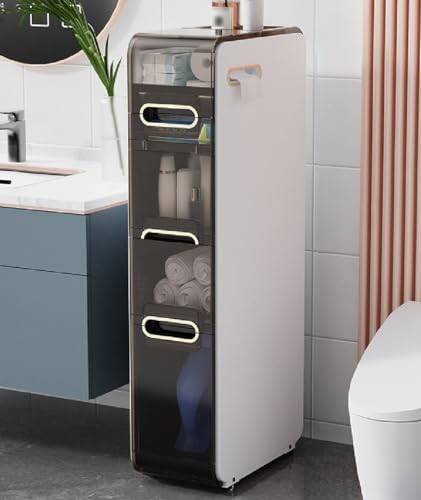 Plastic Narrow Storage Cabinet, Vertical Bathroom Storage Unit 4-Tier Slim Organizer Tower with Toilet Paper Holder Side Unit for Towels Shampoo Cosmetics
