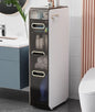 Plastic Narrow Storage Cabinet, Vertical Bathroom Storage Unit 4-Tier Slim Organizer Tower with Toilet Paper Holder Side Unit for Towels Shampoo Cosmetics