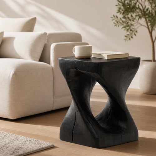 Twisted Solid Wood Accent Table, Hand-Carved Sculptural End Table, 12x12x16 inch Rustic Wooden Stool, Modern Geometric Side Table for Living Room Bedroom, Natural Wood Nightstand Plant Stand - color: Style A-black