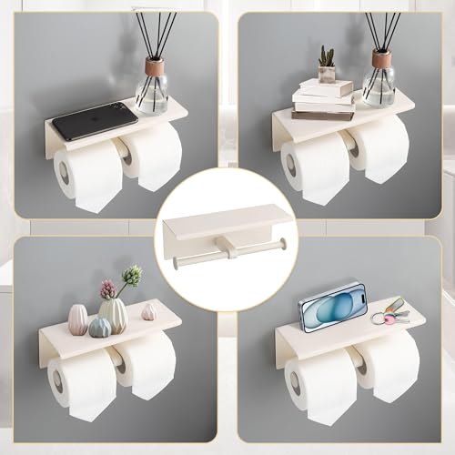 BGL Double Toilet Paper Holder with Shelf White Stainless Steel 304 Wall Mount Double Toilet Roll Holder for Bathroom - color: White