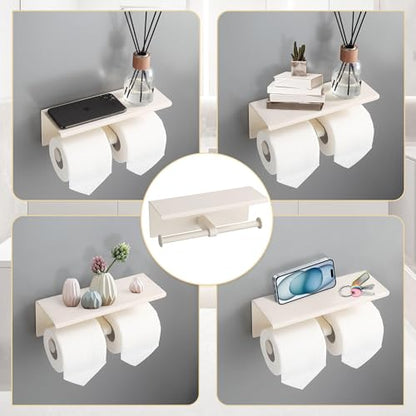 BGL Double Toilet Paper Holder with Shelf White Stainless Steel 304 Wall Mount Double Toilet Roll Holder for Bathroom - color: White