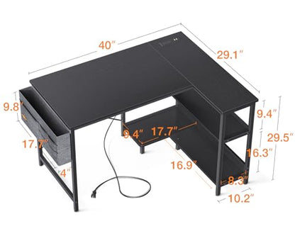 ODK 40 Inch Small L Shaped Gaming Computer Desk with Power Outlets, Reversible Storage Shelves & PC Stand for Home Office, Simple Writing Study Table with Storage Bag for Small Space, Black - size: 40 inch