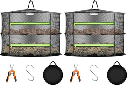 VIVOSUN 2-Layer Mesh Drying Rack Hanging Design with Green Zippers for Dehydrating, Indoor and Outdoor Pruning Shears Included (Pack of 2) - size: 2 Layer (Pack of 2), style: 1 Pack
