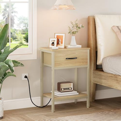 Vagusicc Nightstand with Charging Station, End Table with Fabric Drawer, Small Side Table with 2-Tier Storage Shelves, 25.4" Tall Night Stand, Bedside Table for Bedroom, Living Room, Dorm, Natural - color: Natural (1 Pack)