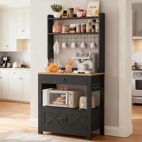 LIKIMIO Baker Rack with Spill-Safe Power Outlet & Drawer, Black | Coffee Bar Cabinet with Storage, Farmhouse Microwave Stand with Hutch and 5 Hooks for Kitchen - color: Black