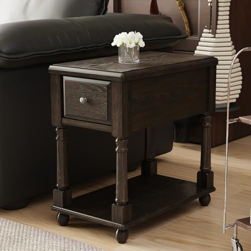 Solid Wood Narrow End Table with Drawer, Sofa Side Storage Shelves, Slim Nightstand, Telephone for Small Spaces, Living Room, Bedroom, 22''x 13''x 22.7'' Easy Assembly Vintage Black BBJ004BK - color: Vintage Black