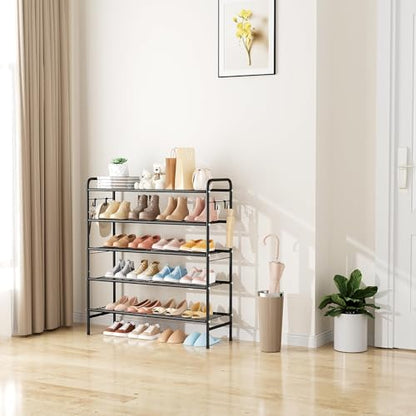 VILICK 5 Tier Shoe Rack 33" Wide Metal Shoe Organizer Long Shoe Storage with 4 Side Hooks Sturdy Shoes Shelf for Closet, Front Door Entrance, Garage, Dorm, Black - size: 5-Tier (11"x 33"x 37.8")